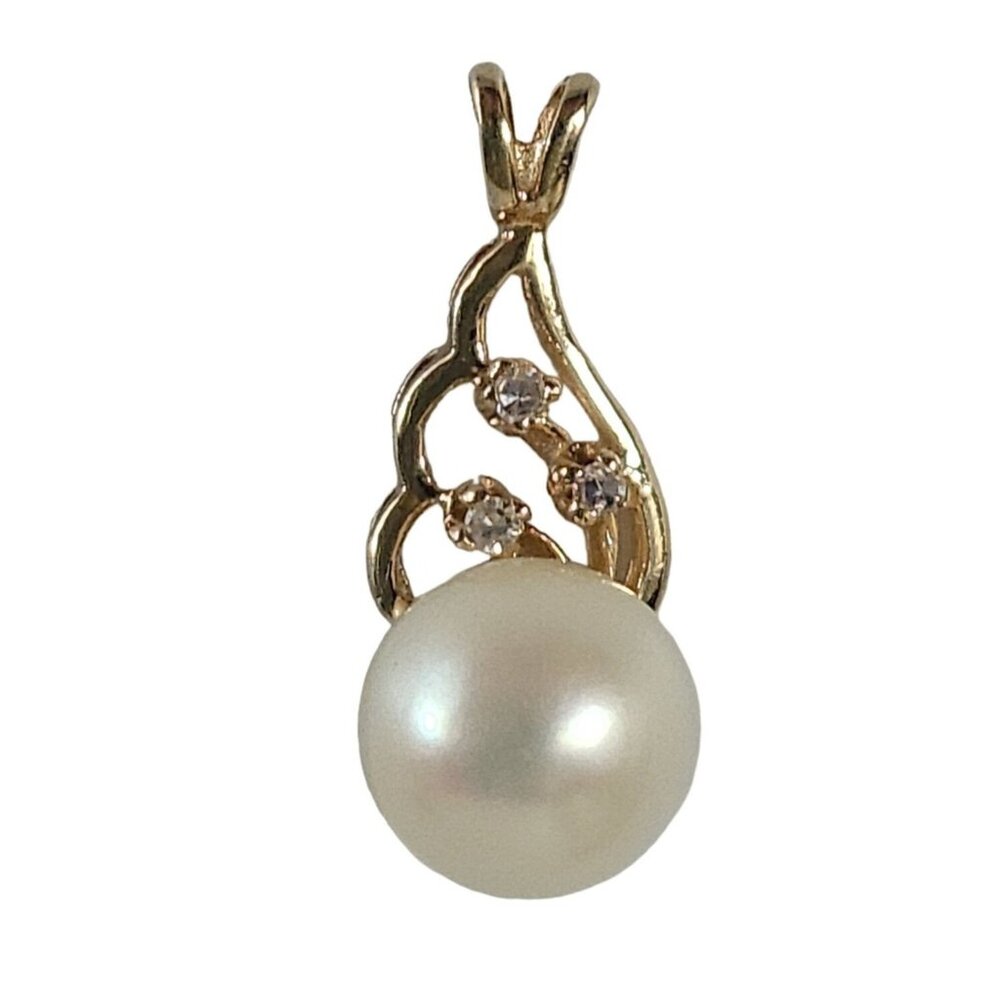 14KT Solid Yellow Gold Large 9mm Akoya Pearl Diamond Accent Pendant 2.6 Grams